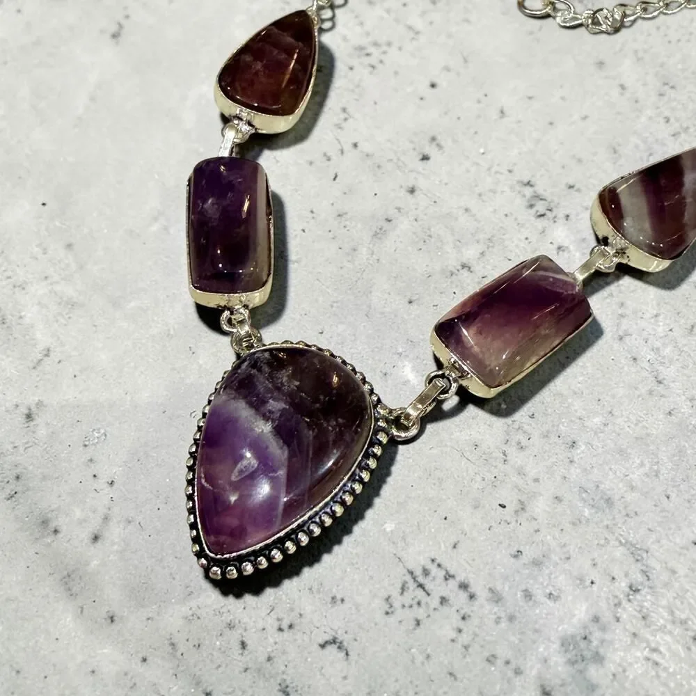 Chevron Amethyst 925 Silver Plated Necklace
